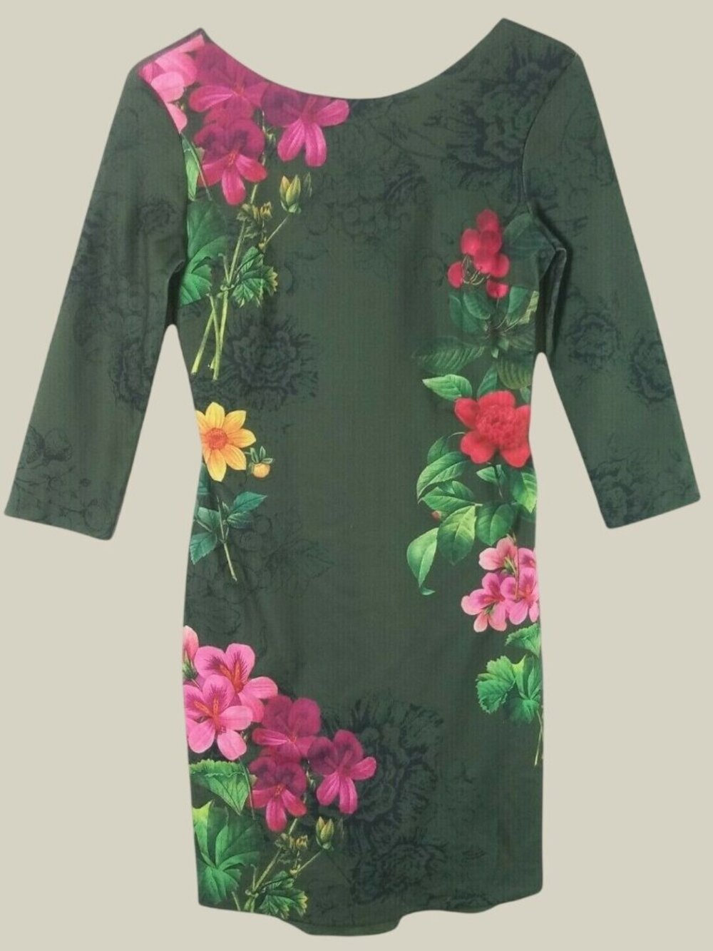 Desigual Minas Floral Scoop Back Sheath Dress Mini Womens XS Green Garden Summer